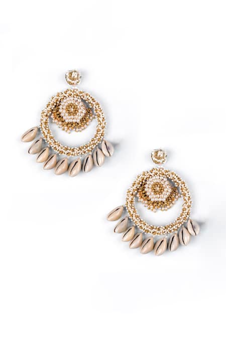 Shop Kanyaadhan By Dhirajaayushi Gold Plated Sequins, Beads, Metallic Thread Shell Drop Earrings at Aza Fashions Shop_Kanyaadhan By Dhirajaayushi_Gold Plated Sequins, Beads, Metallic Thread Shell Drop Earrings _at_Aza_Fashions