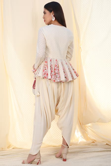 Shop Nikasha White Lurex, Cambric Round Printed Kurta Dhoti Pant Set at Aza Fashions Shop_Nikasha_White Lurex, Cambric Round Printed Kurta Dhoti Pant Set _at_Aza_Fashions