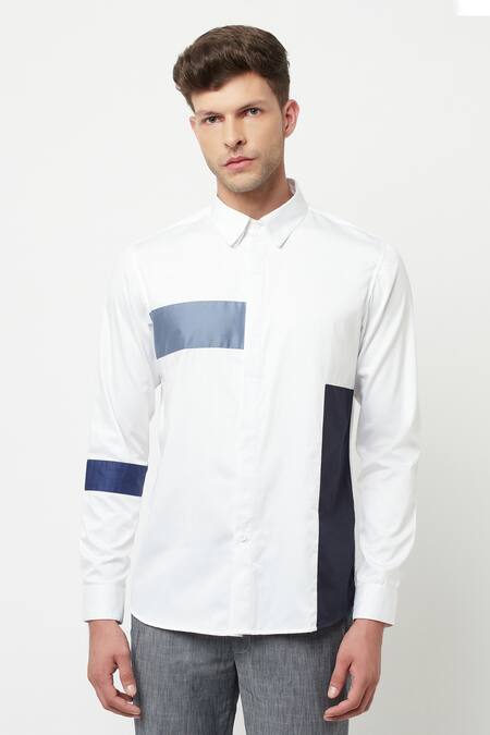 Lacquer Embassy Blue Cotton Satin Plain Elote Colorblock Shirt Online at Aza Fashions Lacquer Embassy_Blue Cotton Satin Plain Elote Colorblock Shirt _Online_at_Aza_Fashions