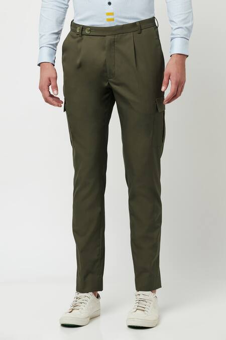Shop Lacquer Embassy Green 100% Cotton Plain Montero Trouser at Aza Fashions Shop_Lacquer Embassy_Green 100% Cotton Plain Montero Trouser _at_Aza_Fashions
