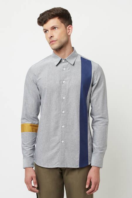 Lacquer Embassy_Grey Cotton Chambray Plain Torsive Colorblock Shirt _Online_at_Aza_Fashions