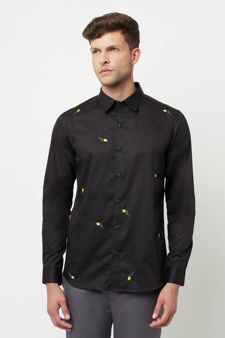 Lacquer Embassy Black Cotton Satin Floral Minero Embroidered Shirt Online at Aza Fashions Lacquer Embassy_Black Cotton Satin Floral Minero Embroidered Shirt _Online_at_Aza_Fashions