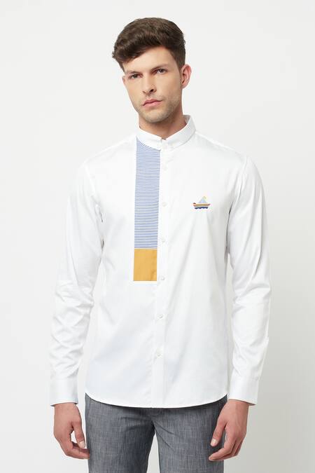 Lacquer Embassy White Cotton Satin Boat Mateo Shirt Online at Aza Fashions Lacquer Embassy_White Cotton Satin Boat Mateo Shirt _Online_at_Aza_Fashions