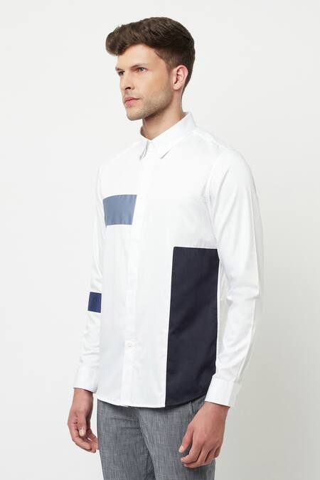 Shop Lacquer Embassy Blue Cotton Satin Plain Elote Colorblock Shirt Online at Aza Fashions Shop_Lacquer Embassy_Blue Cotton Satin Plain Elote Colorblock Shirt _Online_at_Aza_Fashions