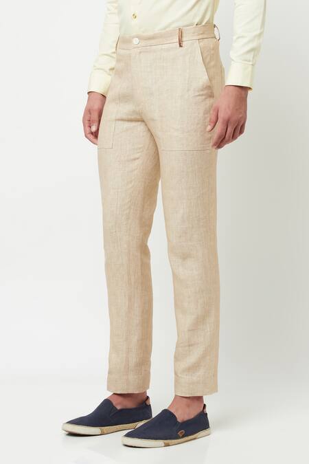 Buy_Lacquer Embassy_Beige Linen Plain Clover Trouser  _Online_at_Aza_Fashions