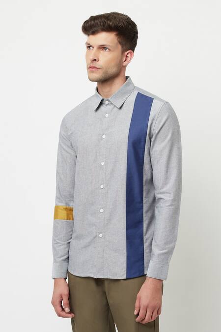 Shop_Lacquer Embassy_Grey Cotton Chambray Plain Torsive Colorblock Shirt _Online_at_Aza_Fashions