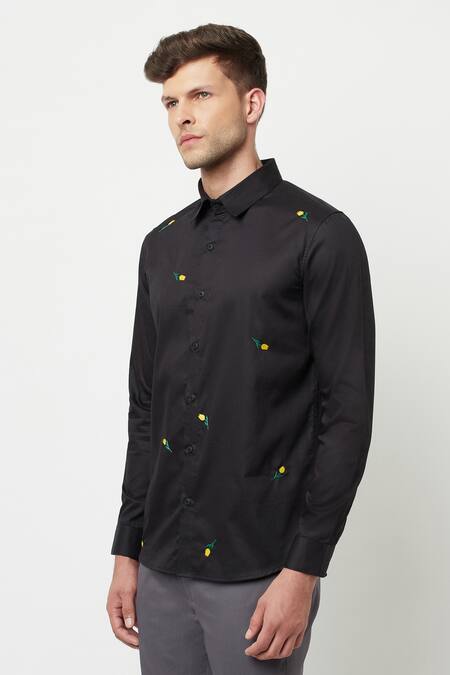 Shop Lacquer Embassy Black Cotton Satin Floral Minero Embroidered Shirt Online at Aza Fashions Shop_Lacquer Embassy_Black Cotton Satin Floral Minero Embroidered Shirt _Online_at_Aza_Fashions