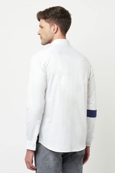 Shop Lacquer Embassy Blue Cotton Satin Plain Elote Colorblock Shirt at Aza Fashions Shop_Lacquer Embassy_Blue Cotton Satin Plain Elote Colorblock Shirt _at_Aza_Fashions