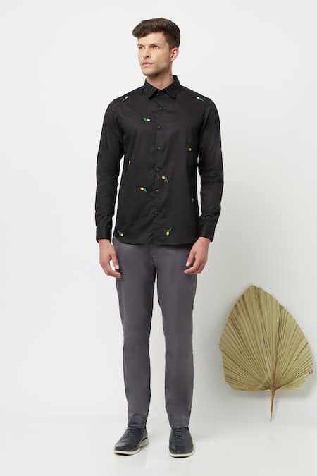 Lacquer Embassy Black Cotton Satin Floral Minero Embroidered Shirt