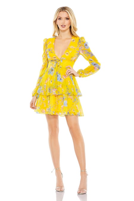 Mac Duggal_Yellow Polyester Embroidery Plunge Neck Floral Print Tiered Ruffle Dress _Online_at_Aza_Fashions