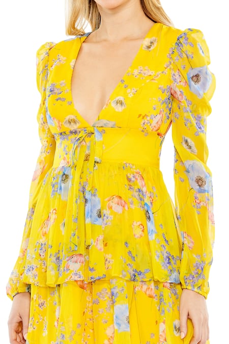 Buy_Mac Duggal_Yellow Polyester Embroidery Plunge Neck Floral Print Tiered Ruffle Dress _Online_at_Aza_Fashions
