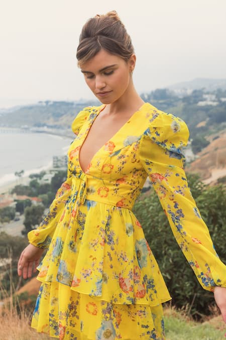 Shop_Mac Duggal_Yellow Polyester Embroidery Plunge Neck Floral Print Tiered Ruffle Dress _Online_at_Aza_Fashions