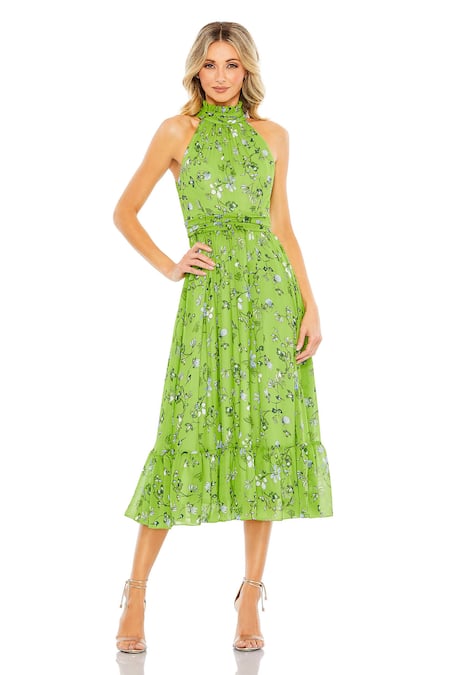Mac Duggal Floral Printed Halter Neck Midi Dress 