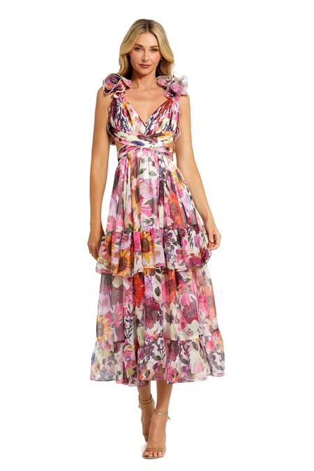 Mac Duggal_Multi Color Polyester Embroidery Plunge Multicolor Floral Cut-out Tiered Dress _Online_at_Aza_Fashions