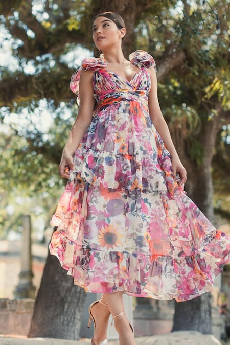 Mac Duggal Multi Color Polyester Embroidery Plunge Multicolor Floral Cut-out Tiered Dress 