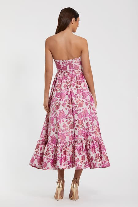 Shop_Mac Duggal_Pink Polyester Off-shoulder Woven Floral A-line Strapless Dress _at_Aza_Fashions