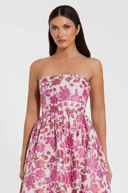 Mac Duggal_Pink Polyester Off-shoulder Woven Floral A-line Strapless Dress _Online_at_Aza_Fashions