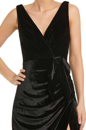 Mac Duggal_Black Polyester V-neck Solid Cross Draped Gown _Online_at_Aza_Fashions