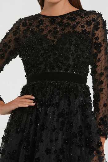 Mac Duggal_Black Polyester Embroidery Open Neck Floral Applique Layered Midi Dress _Online_at_Aza_Fashions