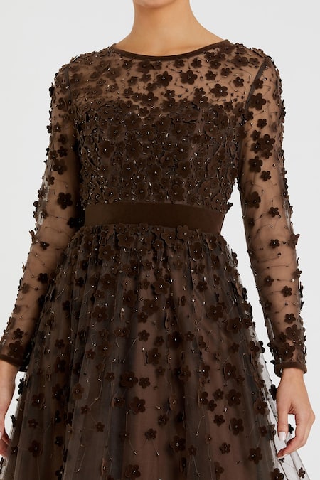 Mac Duggal_Brown Polyester Applique, Beads Round Neck Layered Floral Midi Dress _Online_at_Aza_Fashions