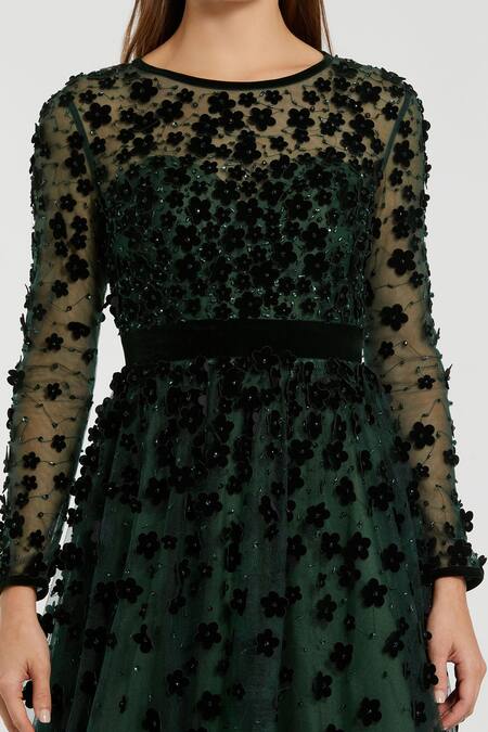 Mac Duggal_Emerald Green Polyester Applique, Beads Round Neck Layered Floral Midi Dress _Online_at_Aza_Fashions