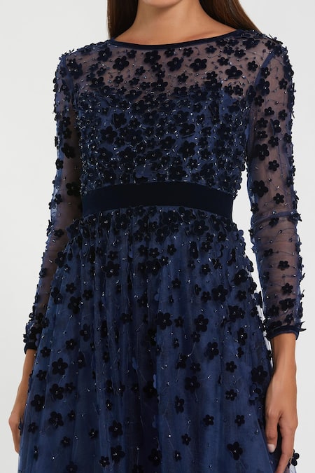 Mac Duggal Blue Polyester Embroidery Open Neck Floral Applique Layered Midi Dress Online at Aza Fashions Mac Duggal_Blue Polyester Embroidery Open Neck Floral Applique Layered Midi Dress _Online_at_Aza_Fashions