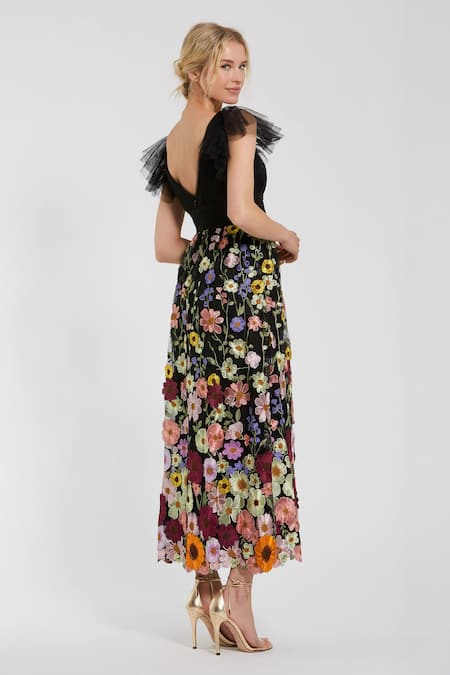 Shop_Mac Duggal_Black Polyester Fabric Flowers V-neck Multicolor Floral Applique Midi Dress _at_Aza_Fashions