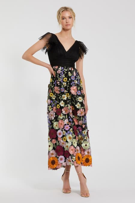 Mac Duggal Multicolor Floral Applique Midi Dress 