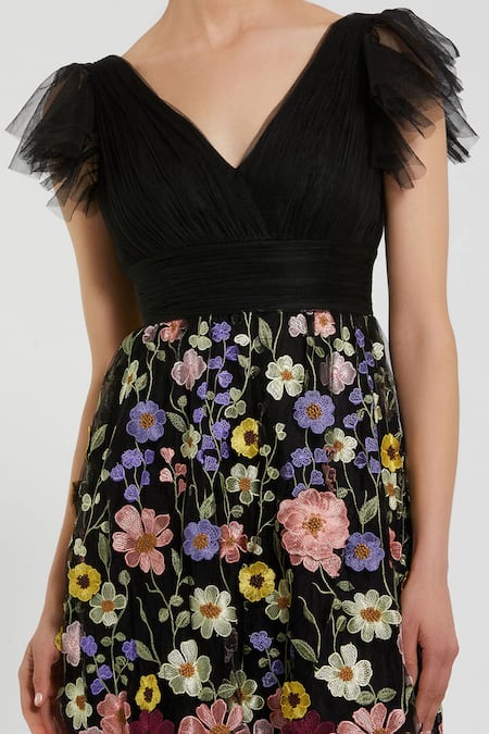 Mac Duggal_Black Polyester Fabric Flowers V-neck Multicolor Floral Applique Midi Dress _Online_at_Aza_Fashions
