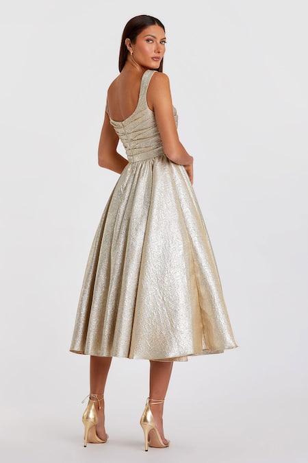 Shop Mac Duggal Gold Polyester Scoop Neck Textured Pleated Midi Dress at Aza Fashions Shop_Mac Duggal_Gold Polyester Scoop Neck Textured Pleated Midi Dress _at_Aza_Fashions