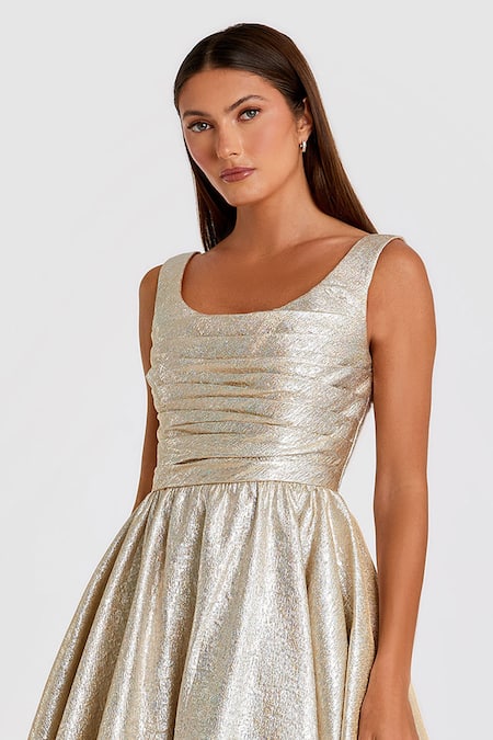 Mac Duggal Gold Polyester Scoop Neck Textured Pleated Midi Dress Online at Aza Fashions Mac Duggal_Gold Polyester Scoop Neck Textured Pleated Midi Dress _Online_at_Aza_Fashions