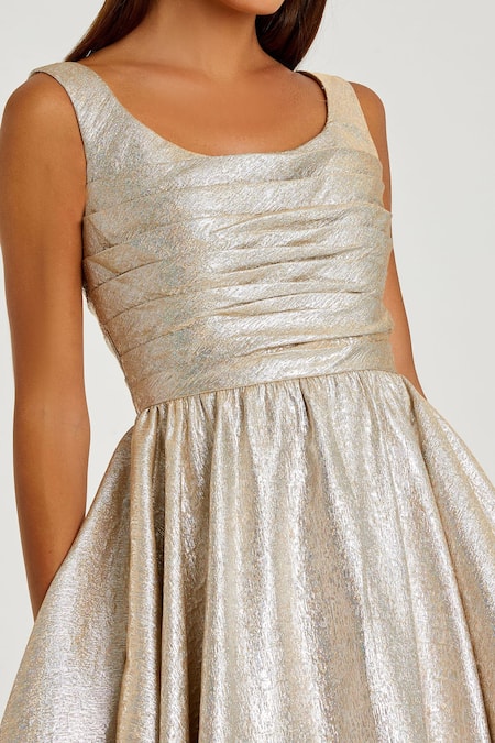 Buy Mac Duggal Gold Polyester Scoop Neck Textured Pleated Midi Dress Online at Aza Fashions Buy_Mac Duggal_Gold Polyester Scoop Neck Textured Pleated Midi Dress _Online_at_Aza_Fashions