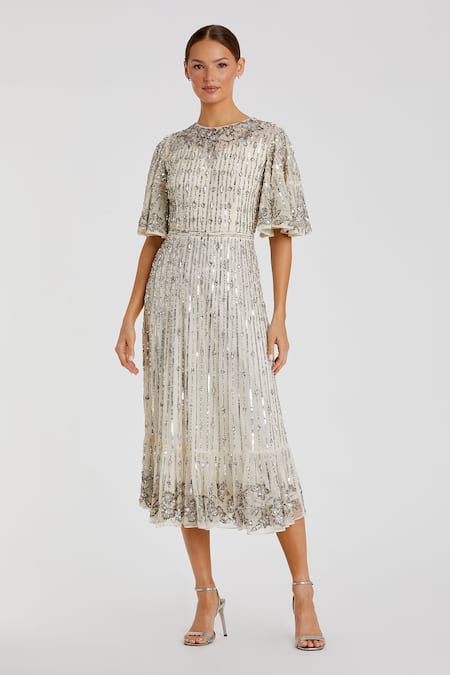 Mac Duggal Silver Polyester Sequins, Pearls Round Neck And Embellished Midi Dress 