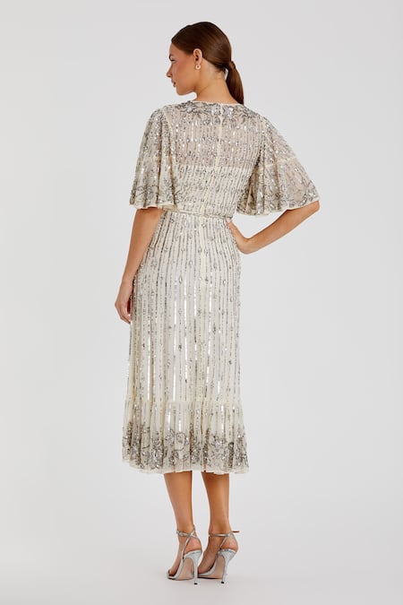 Shop Mac Duggal Silver Polyester Sequins, Pearls Round Neck And Embellished Midi Dress at Aza Fashions Shop_Mac Duggal_Silver Polyester Sequins, Pearls Round Neck And Embellished Midi Dress _at_Aza_Fashions