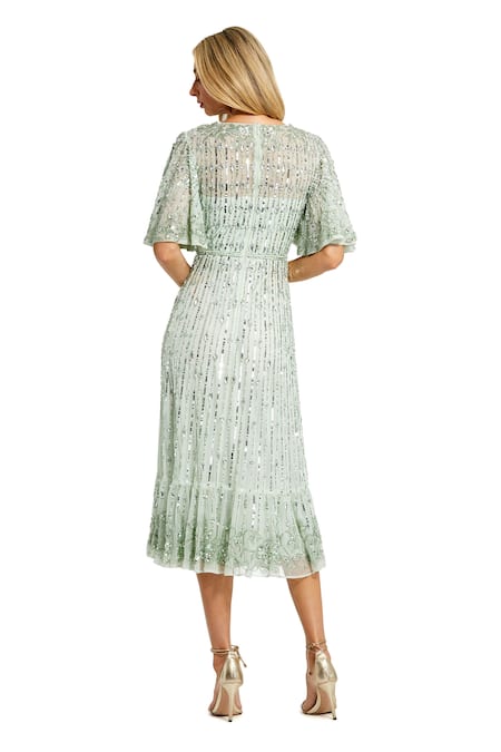 Shop Mac Duggal Green Polyester Sequins, Pearls Round Neck Sage Embellished Midi Dress at Aza Fashions Shop_Mac Duggal_Green Polyester Sequins, Pearls Round Neck Sage Embellished Midi Dress _at_Aza_Fashions