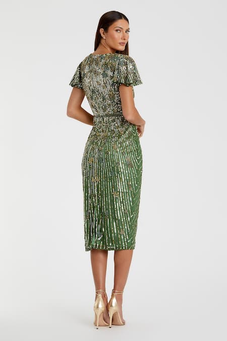 Shop Mac Duggal Green Polyester Sequins, Beads, Cut Work Embellished Flutter Sleeve Midi Dress at Aza Fashions Shop_Mac Duggal_Green Polyester Sequins, Beads, Cut Work Embellished Flutter Sleeve Midi Dress _at_Aza_Fashions