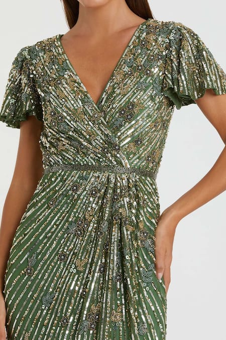 Mac Duggal Green Polyester Sequins, Beads, Cut Work Embellished Flutter Sleeve Midi Dress Online at Aza Fashions Mac Duggal_Green Polyester Sequins, Beads, Cut Work Embellished Flutter Sleeve Midi Dress _Online_at_Aza_Fashions