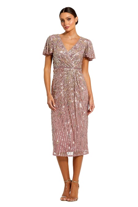 Mac Duggal Purple Polyester Sequins, Cut Work, Beads V-neck Embellished Midi Dress