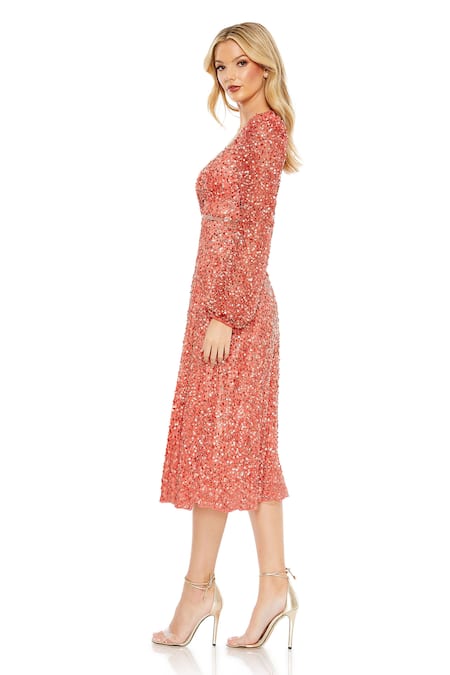 Mac Duggal Coral Red Sequin Embellished Midi Dress 