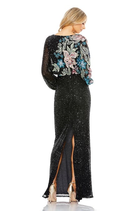Shop Mac Duggal Black Polyester Sequins Boat Neck Bloom Embellished Gown at Aza Fashions Shop_Mac Duggal_Black Polyester Sequins Boat Neck Bloom Embellished Gown _at_Aza_Fashions