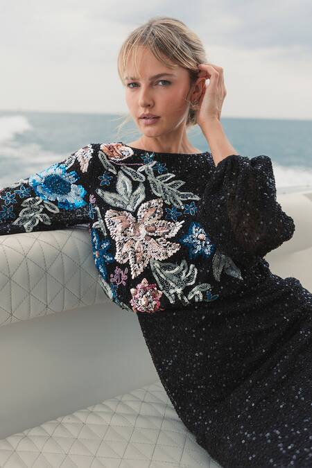 Buy Mac Duggal Black Polyester Sequins Boat Neck Bloom Embellished Gown Online at Aza Fashions Buy_Mac Duggal_Black Polyester Sequins Boat Neck Bloom Embellished Gown _Online_at_Aza_Fashions