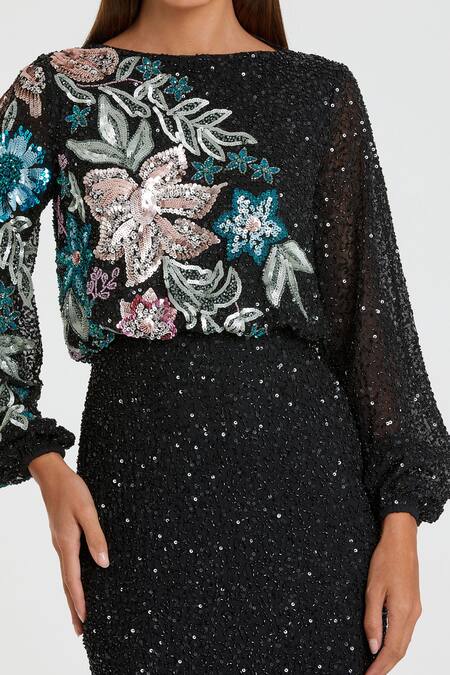 Shop Mac Duggal Black Polyester Sequins Boat Neck Bloom Embellished Gown Online at Aza Fashions Shop_Mac Duggal_Black Polyester Sequins Boat Neck Bloom Embellished Gown _Online_at_Aza_Fashions