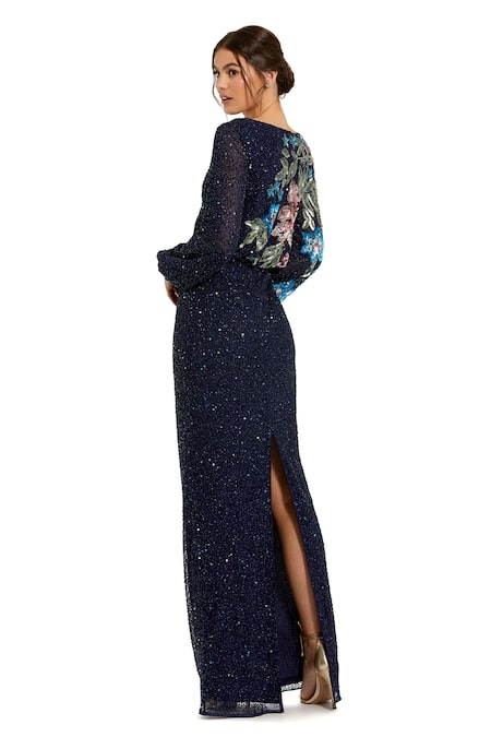 Shop Mac Duggal Blue Polyester Sequins Boat Neck Midnight Blossom Gown at Aza Fashions Shop_Mac Duggal_Blue Polyester Sequins Boat Neck Midnight Blossom Gown _at_Aza_Fashions
