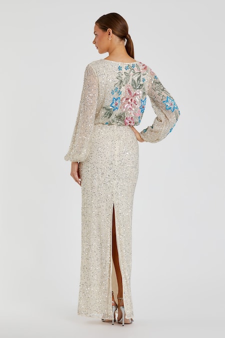 Shop Mac Duggal Beige Polyester Sequins Boat Neck Flora Embellished Gown at Aza Fashions Shop_Mac Duggal_Beige Polyester Sequins Boat Neck Flora Embellished Gown _at_Aza_Fashions