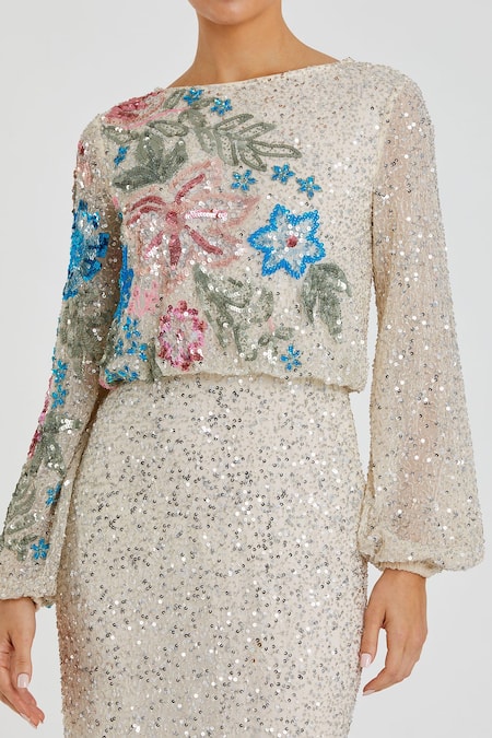 Mac Duggal Beige Polyester Sequins Boat Neck Flora Embellished Gown Online at Aza Fashions Mac Duggal_Beige Polyester Sequins Boat Neck Flora Embellished Gown _Online_at_Aza_Fashions