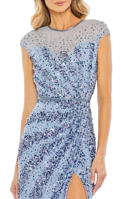 Mac Duggal Blue Polyester Sequins Round Neck Cap Sleeve Wave Gown Online at Aza Fashions Mac Duggal_Blue Polyester Sequins Round Neck Cap Sleeve Wave Gown _Online_at_Aza_Fashions