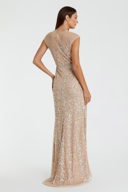 Shop Mac Duggal Beige Polyester Sequins Round Neck Ripple Wave Gown at Aza Fashions Shop_Mac Duggal_Beige Polyester Sequins Round Neck Ripple Wave Gown _at_Aza_Fashions