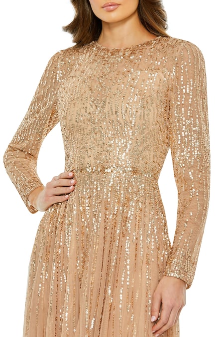 Mac Duggal_Gold Polyester Sequins Round Neck Ray Embellished Gown _Online_at_Aza_Fashions