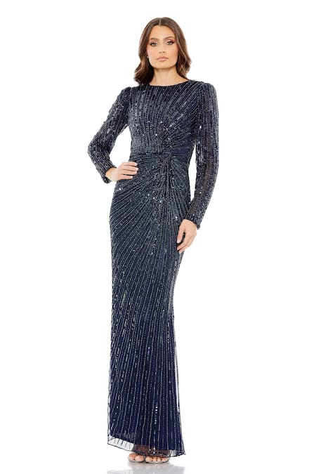 Mac Duggal Blue Polyester Sequins Boat Neck Embellished Side Knot Gown