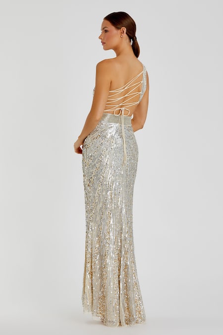 Shop Mac Duggal Silver Polyester Sequins One Shoulder Gown at Aza Fashions Shop_Mac Duggal_Silver Polyester Sequins One Shoulder Gown _at_Aza_Fashions